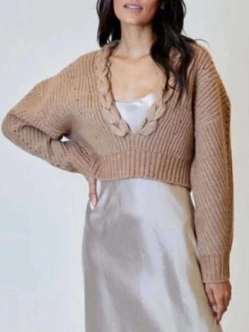 dh NEW YORK Rae V-Neck Cropped Braided Sweater